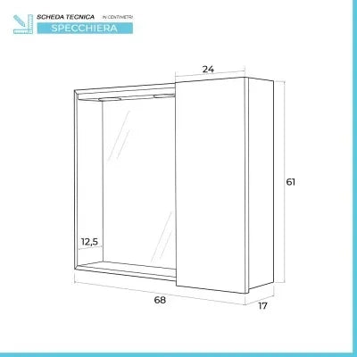 Specchio contenitore 68x61 cm bianco lucido con anta a destra e LED