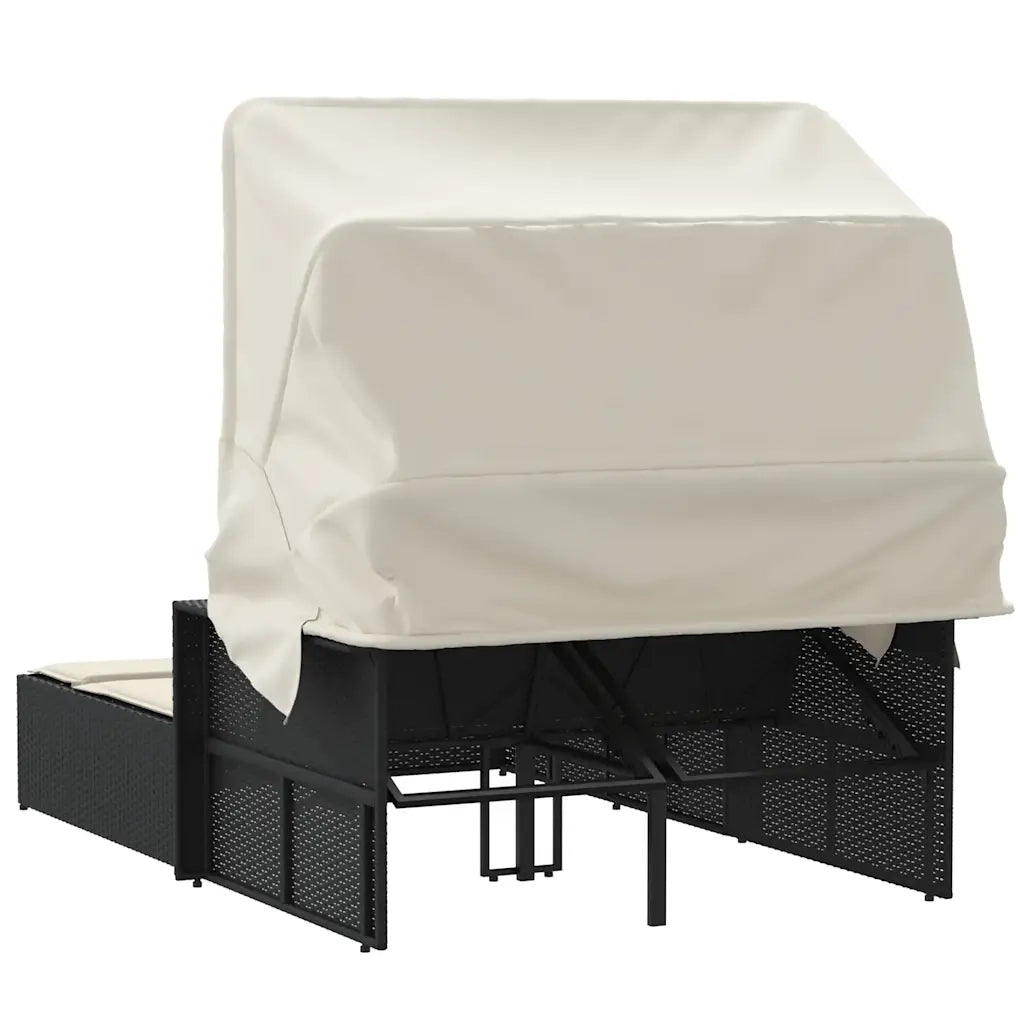 Lettino Prendisole Doppio Baldacchino e Cuscini Nero Polyrattan 365806