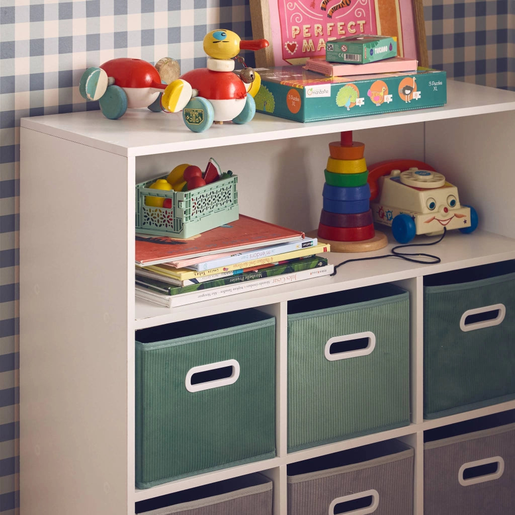 Libreria per bambini con 6 cestini in velluto, verde