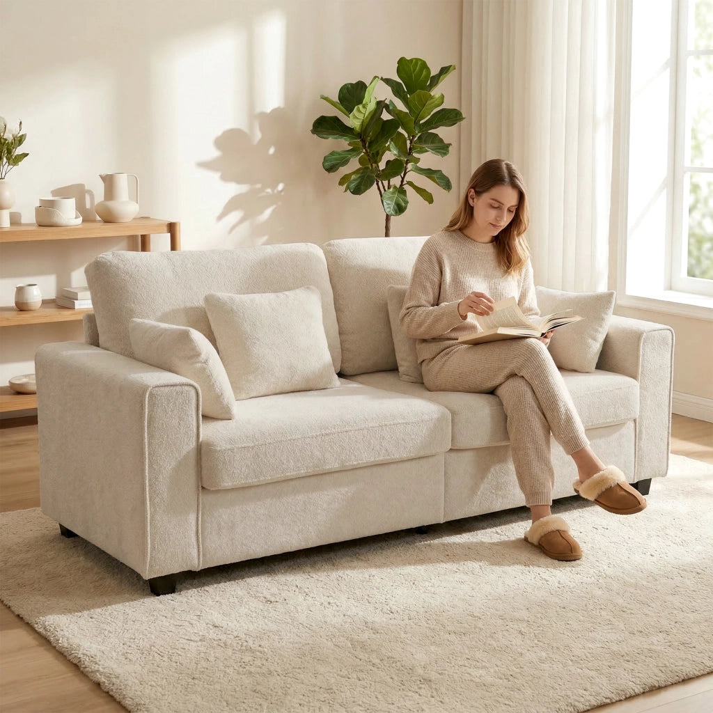 Divano 3 Posti Tessuto Velluto ¨C Zephmum ¨C Beige con Cuscini