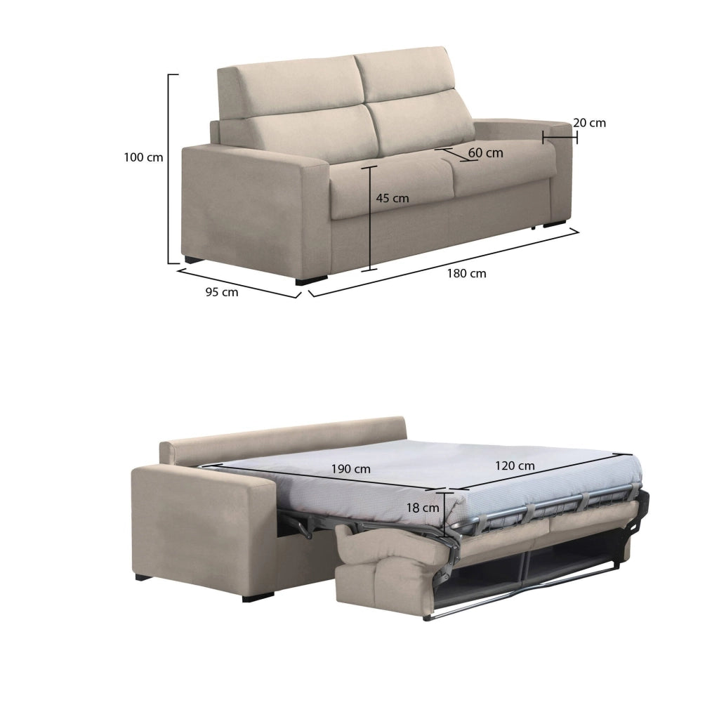 None, Divano Letto 2 Posti Sfoderabile Made in Italy, 180x95 cm Grigio Tortora