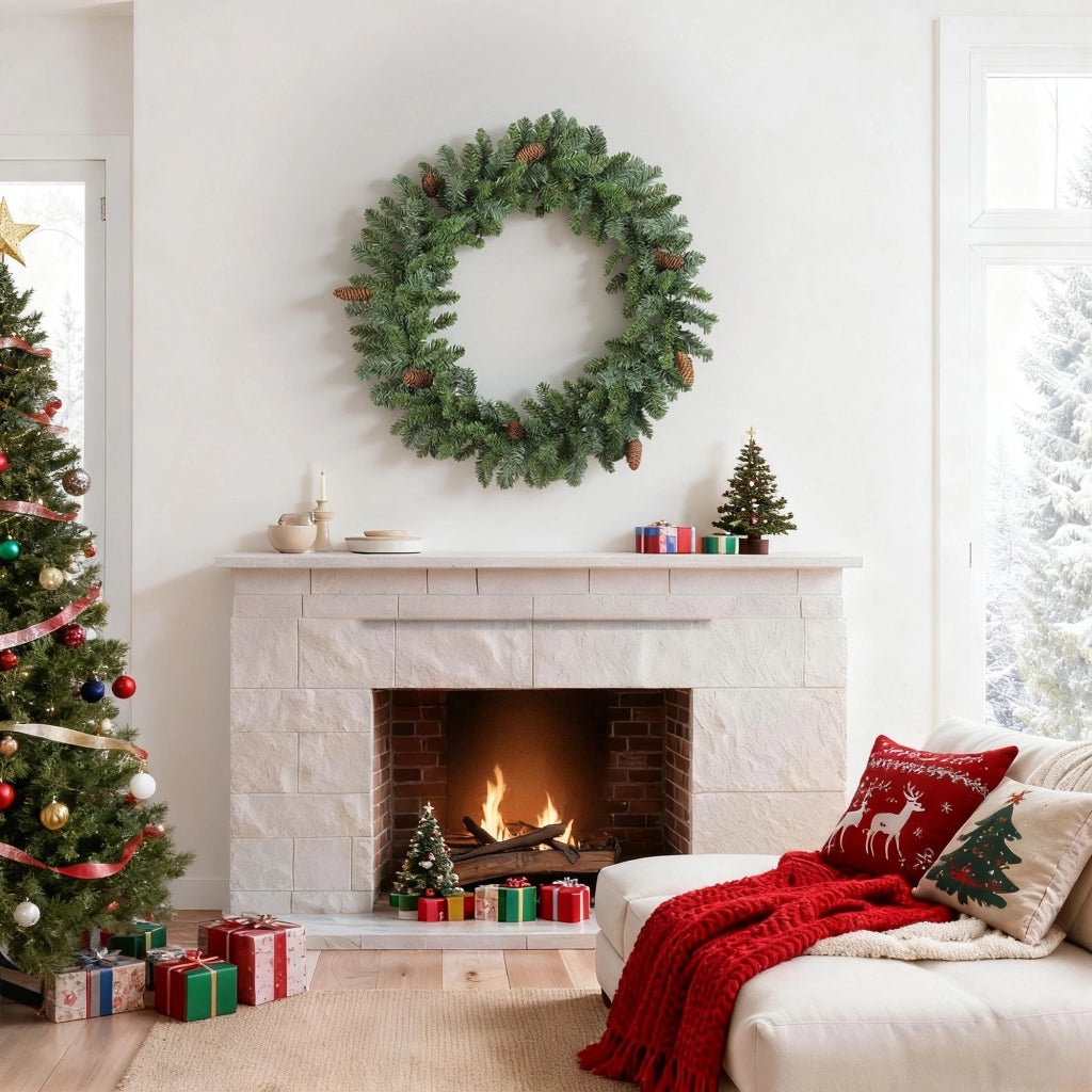 Ghirlanda Finta di Natale Decorazione Fiori con 162 Punte 8 Pigne Verde ¨C Minimal ¨C 1.8 m