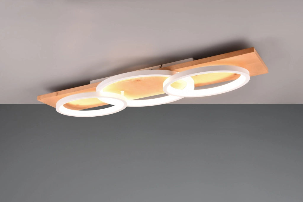 BARCA PLAFONIERA LED 40W 4700lm, 3000K TRIPLA ELLISSE METALLO BIANCO E LEGNO NATURALE CON DIMMERAZIONE AD INTERRUTTORE L. 97CM
