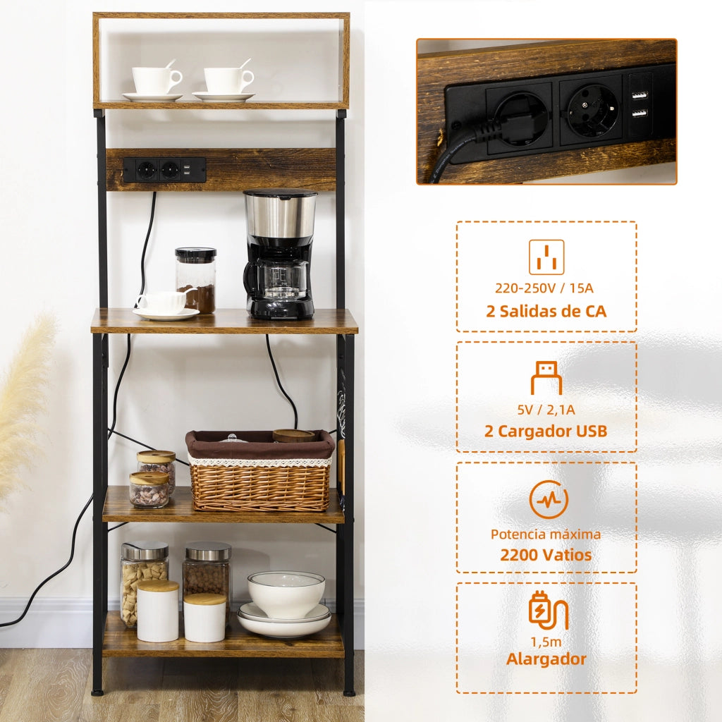 Scaffale da Cucina con Presa di Corrente e Caricatori USB ¨C Xylo ¨C Marrone 60x42x153 cm
