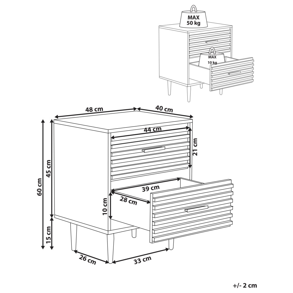 Comodino marrone chiaro in MDF con gambe in ferro e 2 cassetti Tavolino moderno