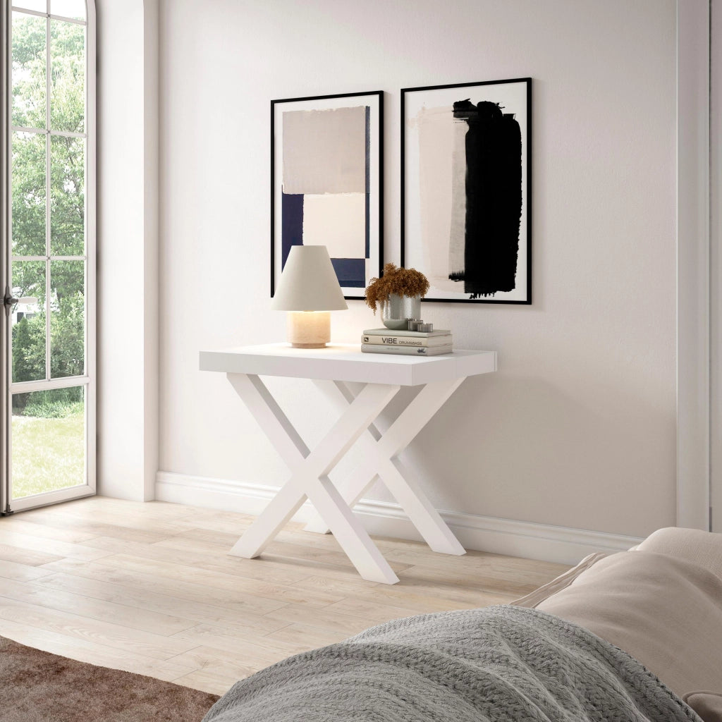 Consolle allungabile, 58 fino 180x90x73cm, Per 8 persone, Gambe in legno, Bianco RF2771