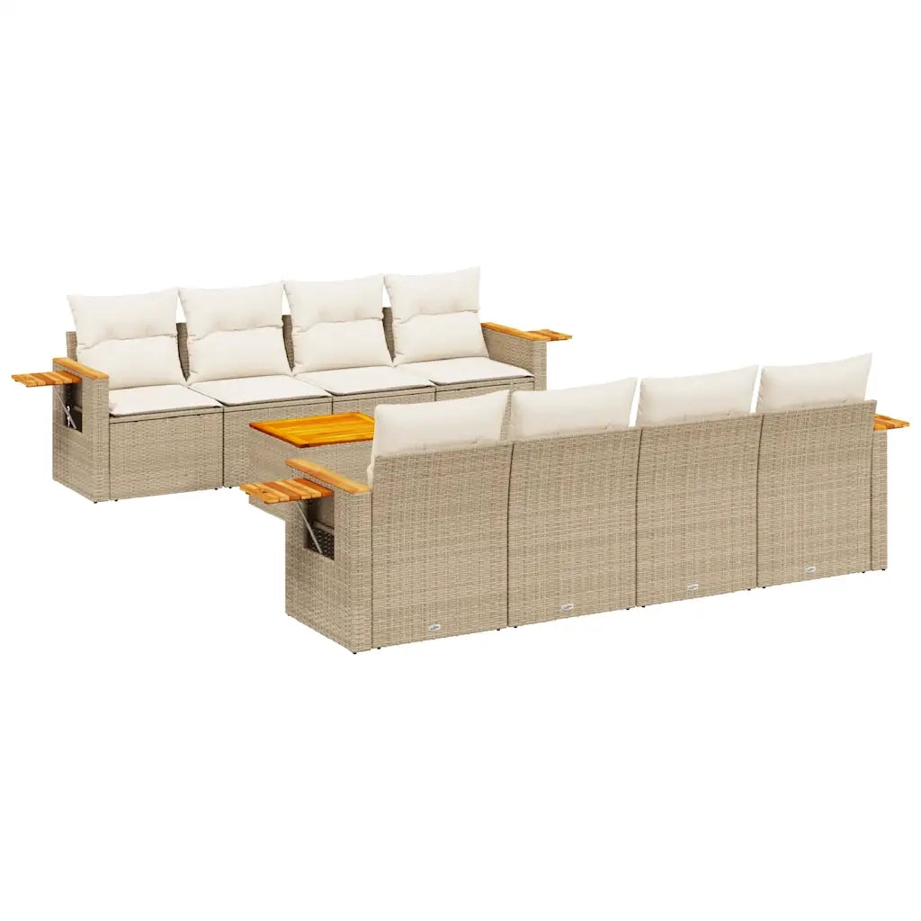 Set Divano da Giardino 9 pz con Cuscini Beige in Polyrattan