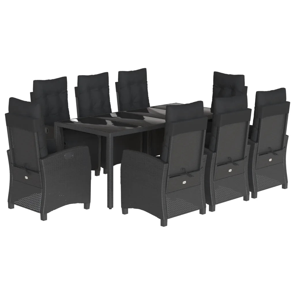 Set da Pranzo da Giardino 9 pz con Cuscini Nero in Polyrattan