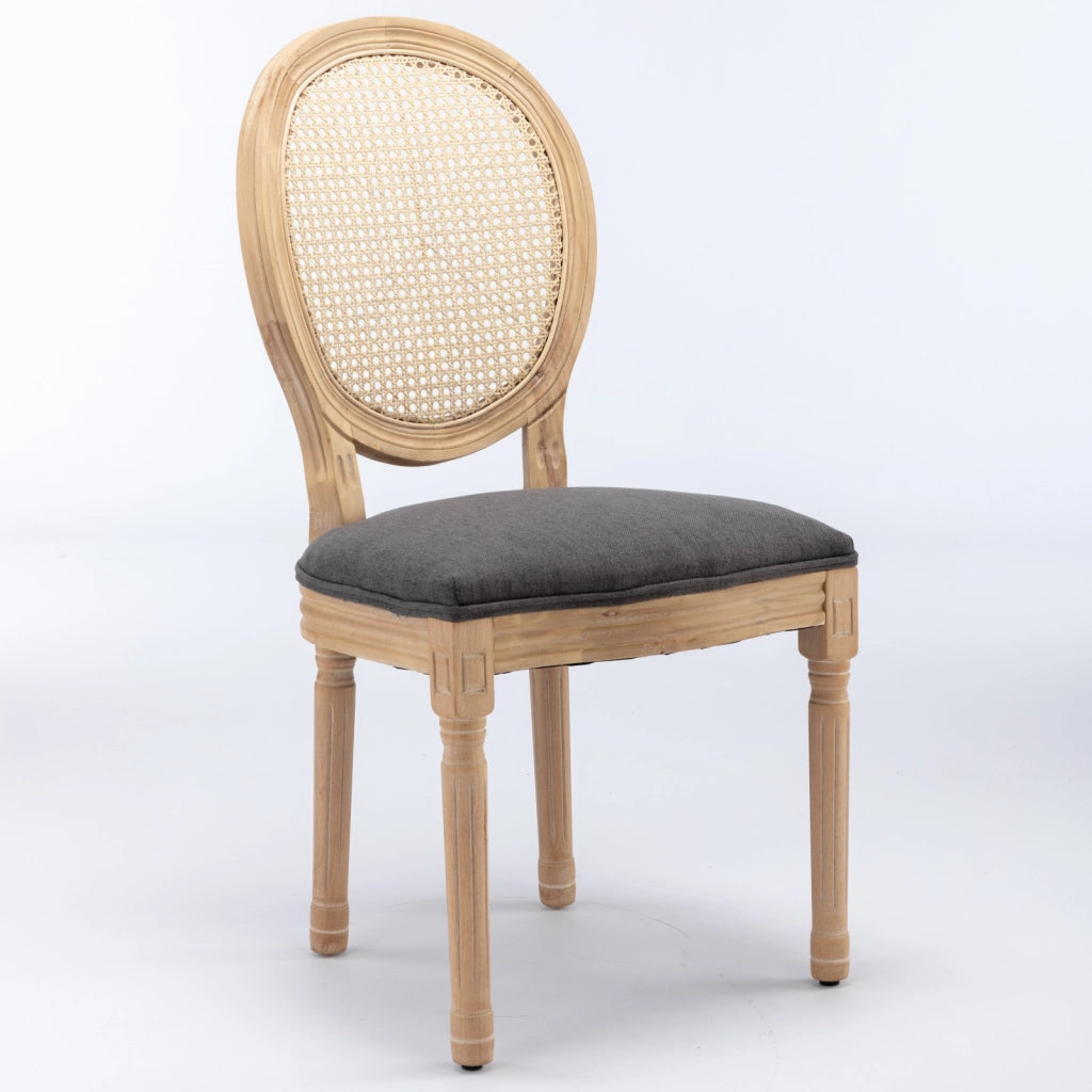 Sedie da Pranzo in Legno Massello con Schienale in Rattan ¨C Xylo ¨C Set 2 Pezzi, Tessuto Lino, Grigio