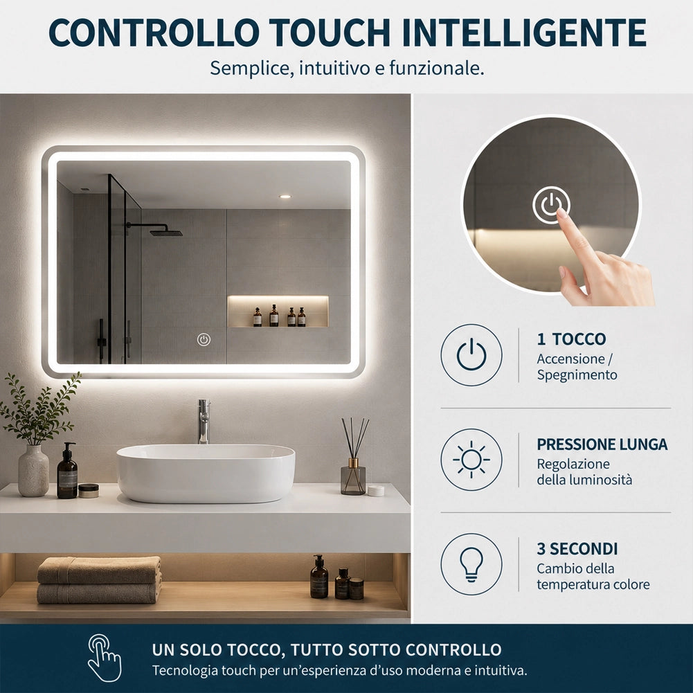 Specchio Rettangolare da Parete con Led Bianco Freddo Caldo e Naturale 80x60cm