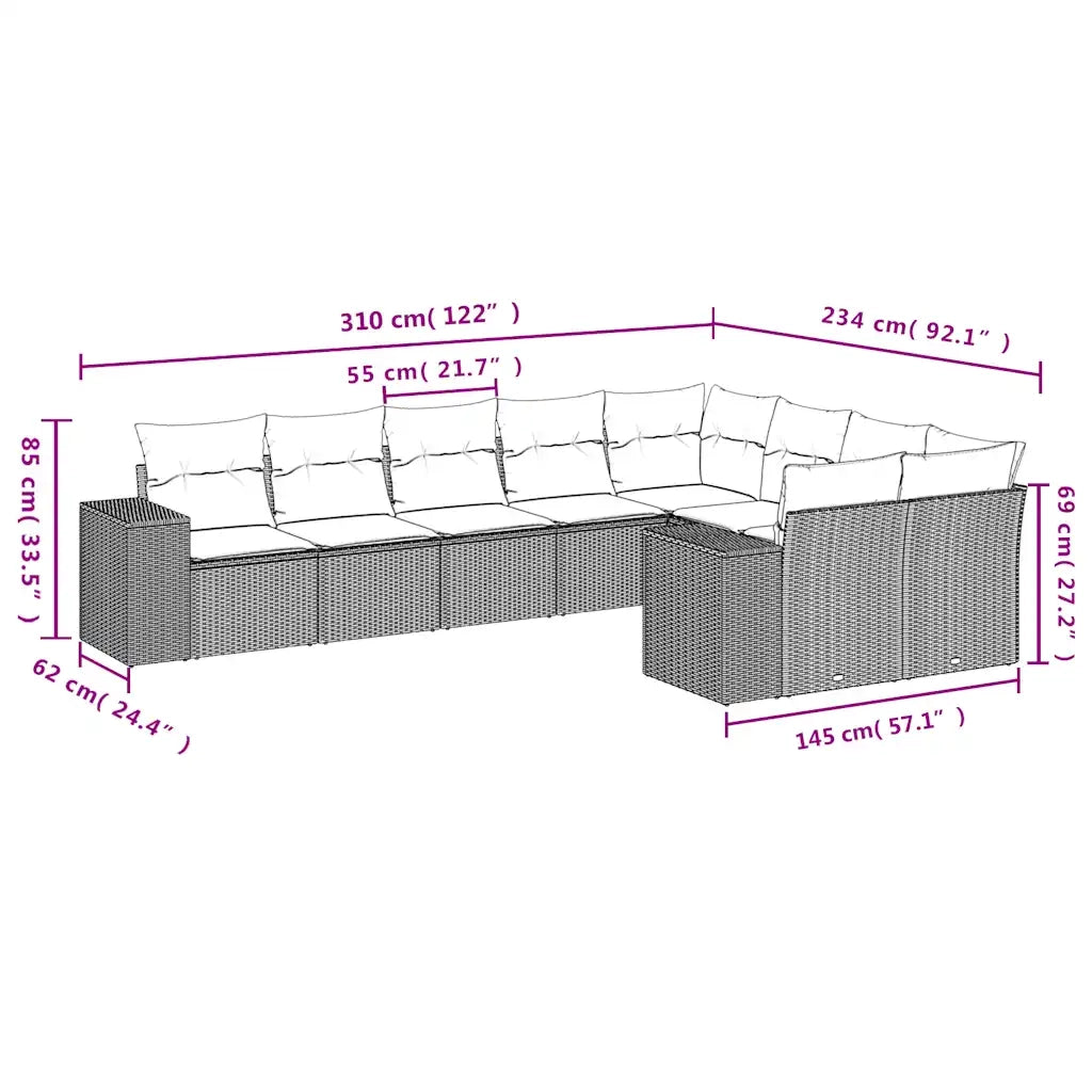 Set Divani da Giardino 9pz con Cuscini Marrone in Polyrattan 3255380