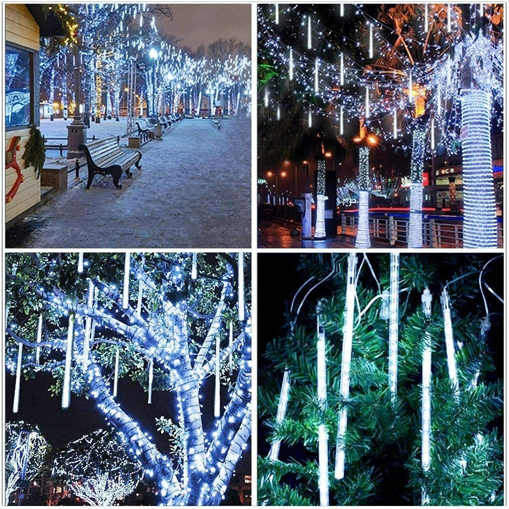 Trade Shop - Luci Di Natale Esterno Natalizi Led Effetto Pioggia Stella Cadente Bianco Freddo -