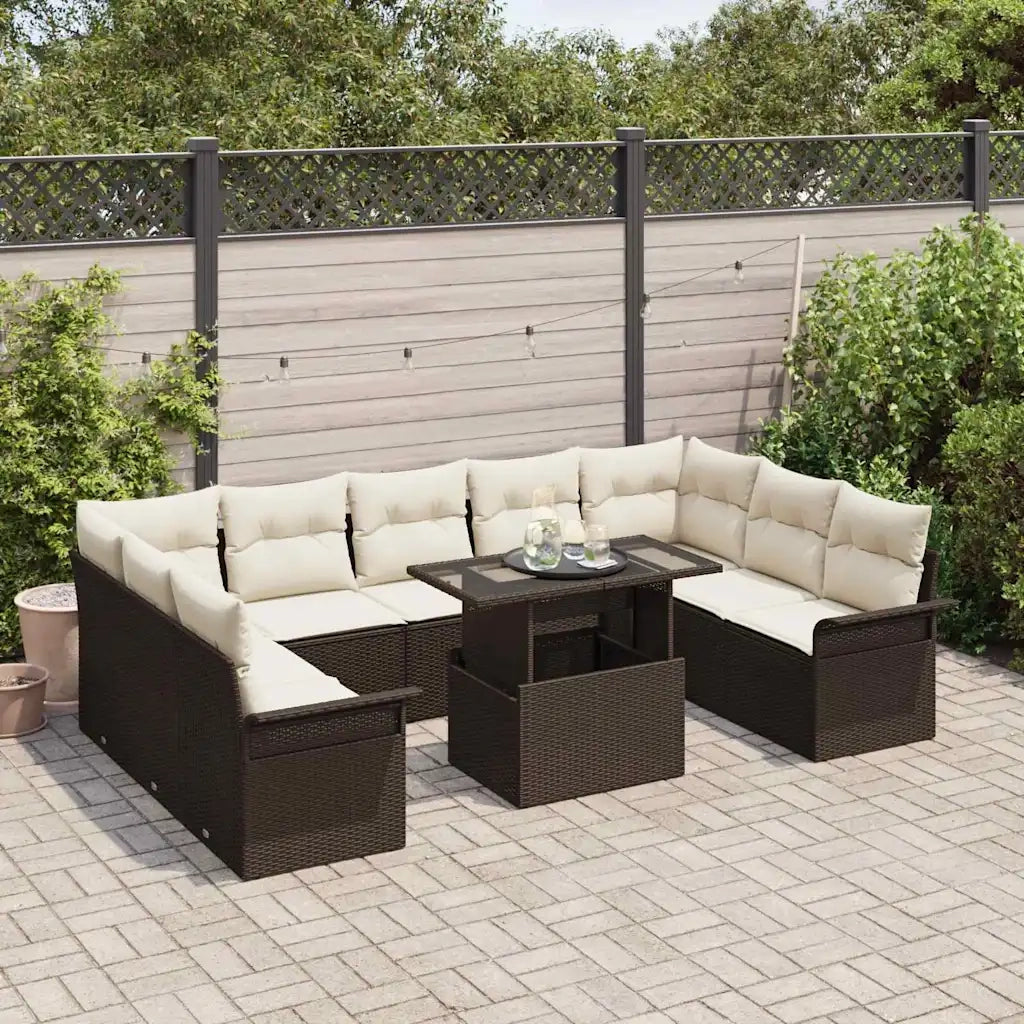 Set Divano da Giardino con cuscino 10 pcs Marrone Poly Rattan