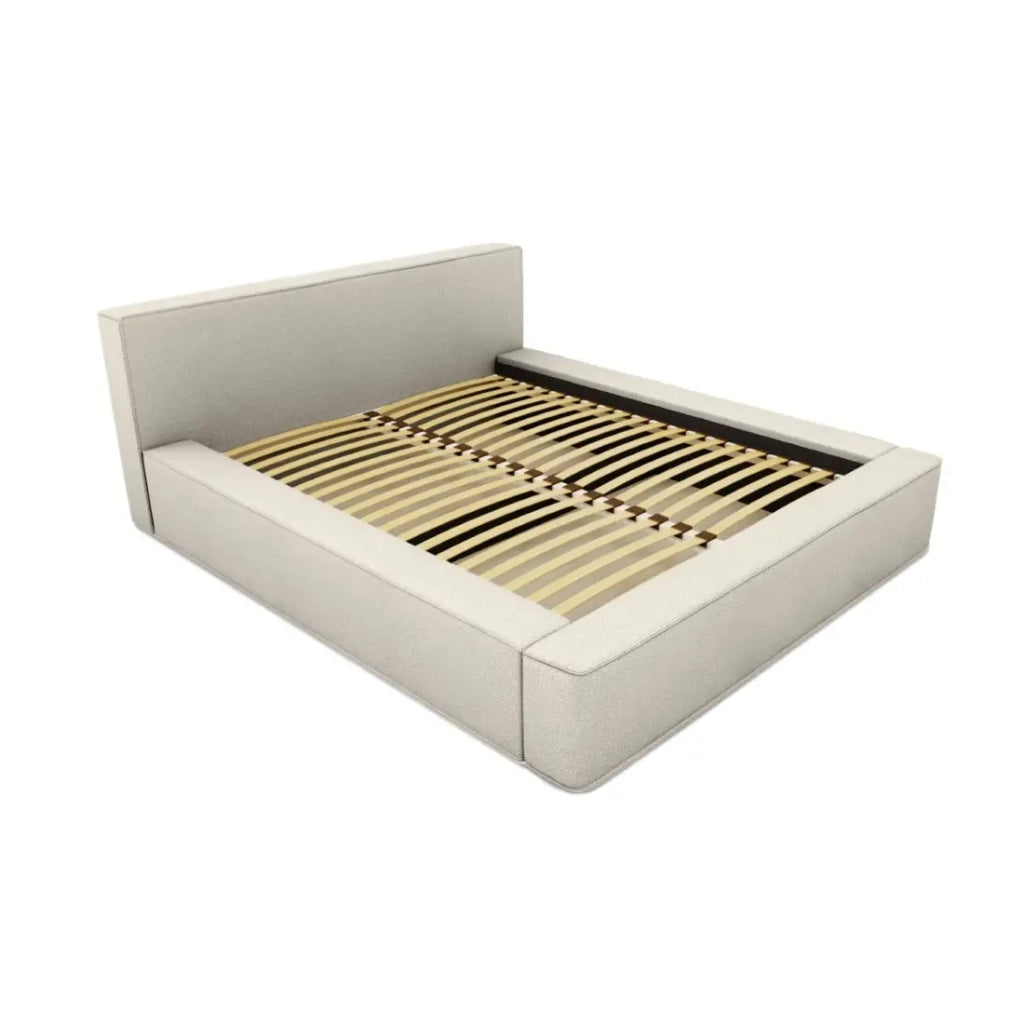 Letto contenitore VELORA – Sabbia ricciolata – 140x200 cm – Tessuto effetto lana – Rete sollevabile – Spazio di stoccaggio integrato