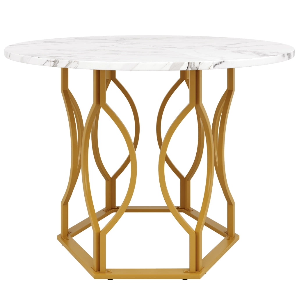 Tavolo da pranzo rotondo 100x100x76 cm in MDF e metallo; bianco e oro