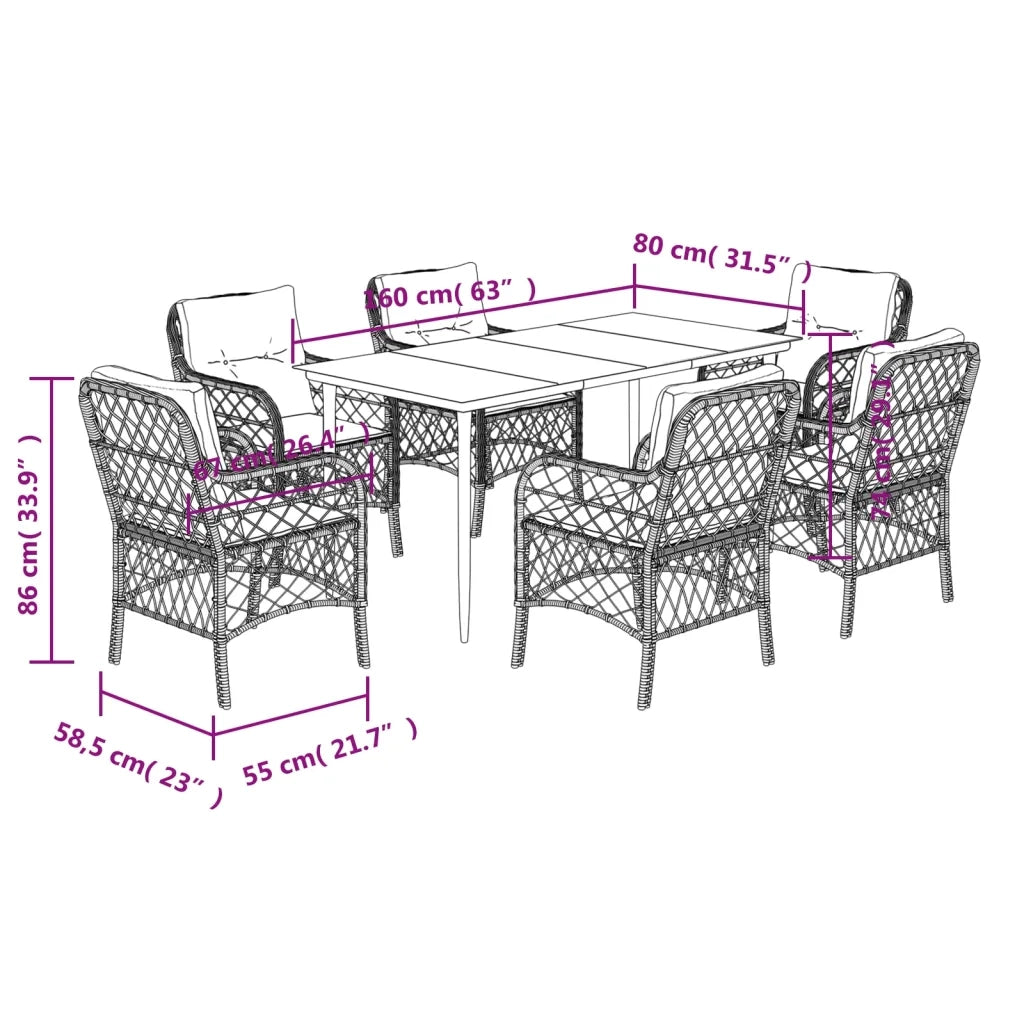 Set da Pranzo da Giardino 7 pz Nero con Cuscini in Polyrattan