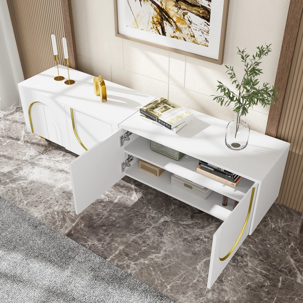 Mobile TV con Cassetti e Ante Strutturate ¨C MINIMAL ¨C Nero/Bianco, Piedini e Maniglie Dorati