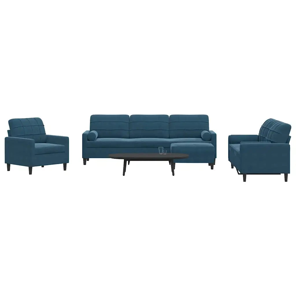 Set di Divani 4 pz con Cuscini e Rinforzi Blu in Velluto