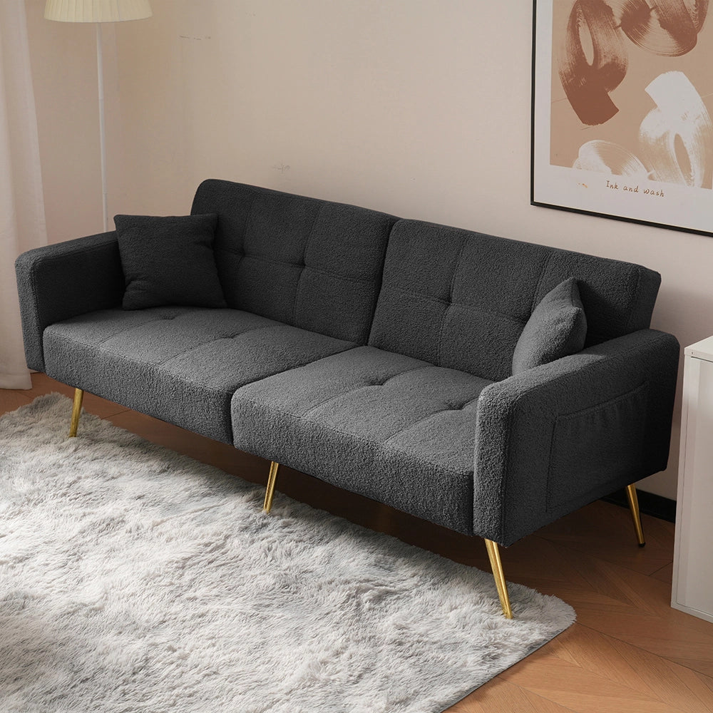 Divano letto 2 posti - Xylo - Grigio con cuscini e tasche laterali
