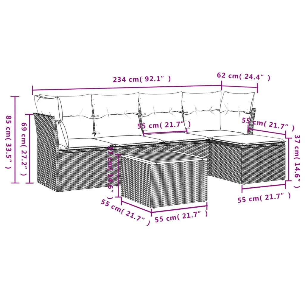 Set Divano da Giardino 6 pz con Cuscini Beige in Polyrattan