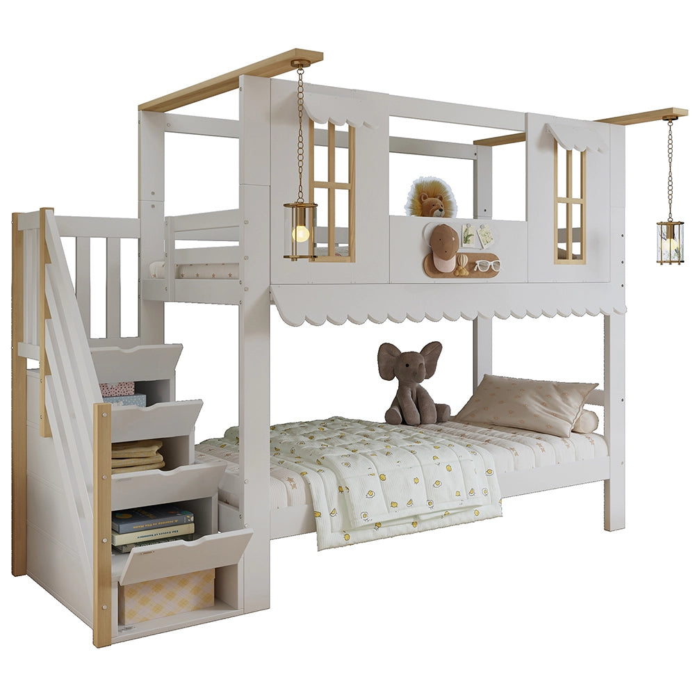 Letto a castello decorabile - Xylo - 90x200cm bianco/naturale, finestre