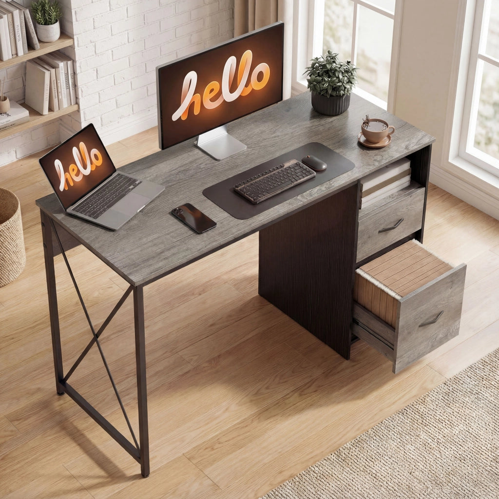 Scrivania per Computer Industriale ¨C Xylo ¨C Grigio Chiaro 120x50 cm con 2 Cassetti