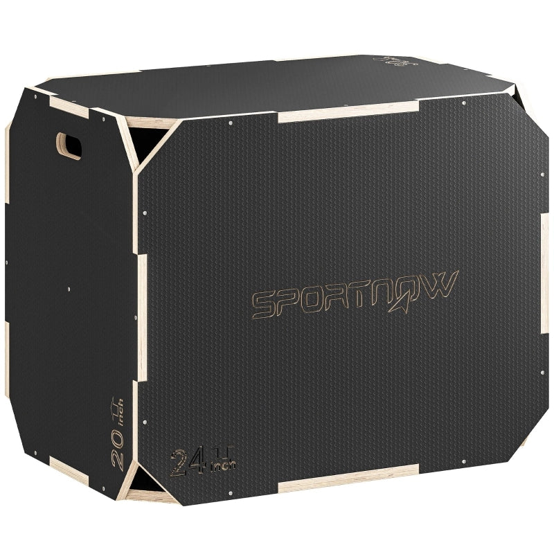 Plyo Box 3 in 1, box per saltare con maniglie, per allenamento a casa e all'aperto, 3 altezze di salto, in legno, nero