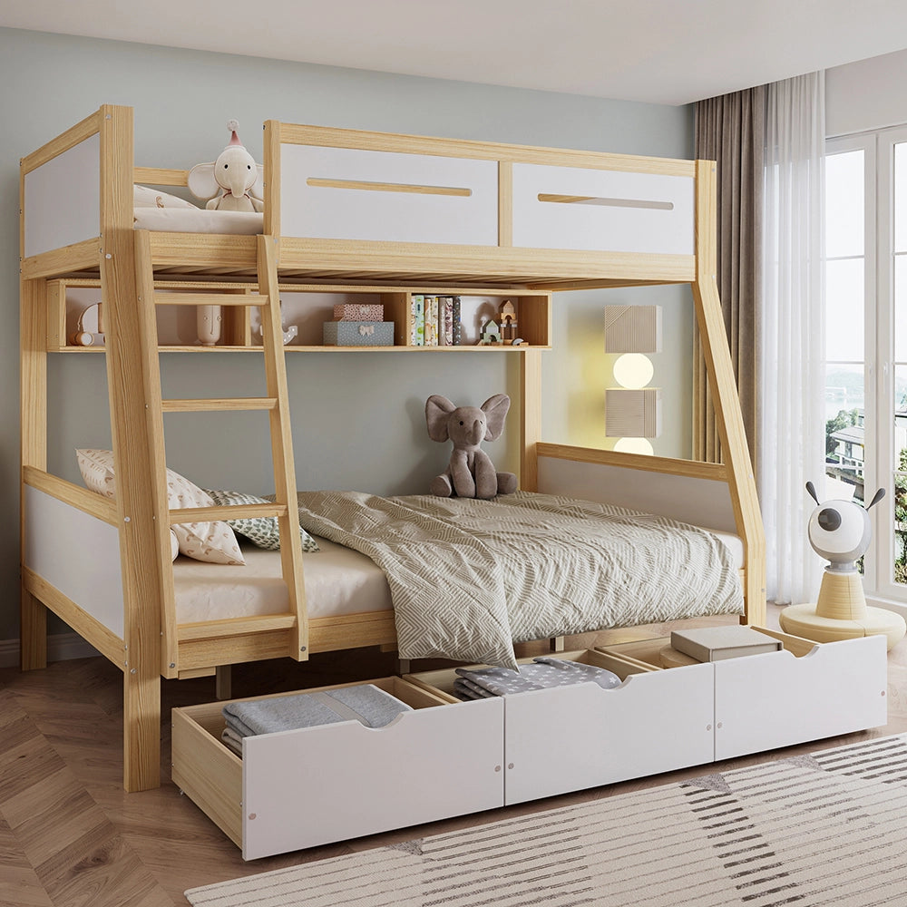 Letto a castello-Xylo-90x200+120x200cm, 3 cassetti, libreria 2m