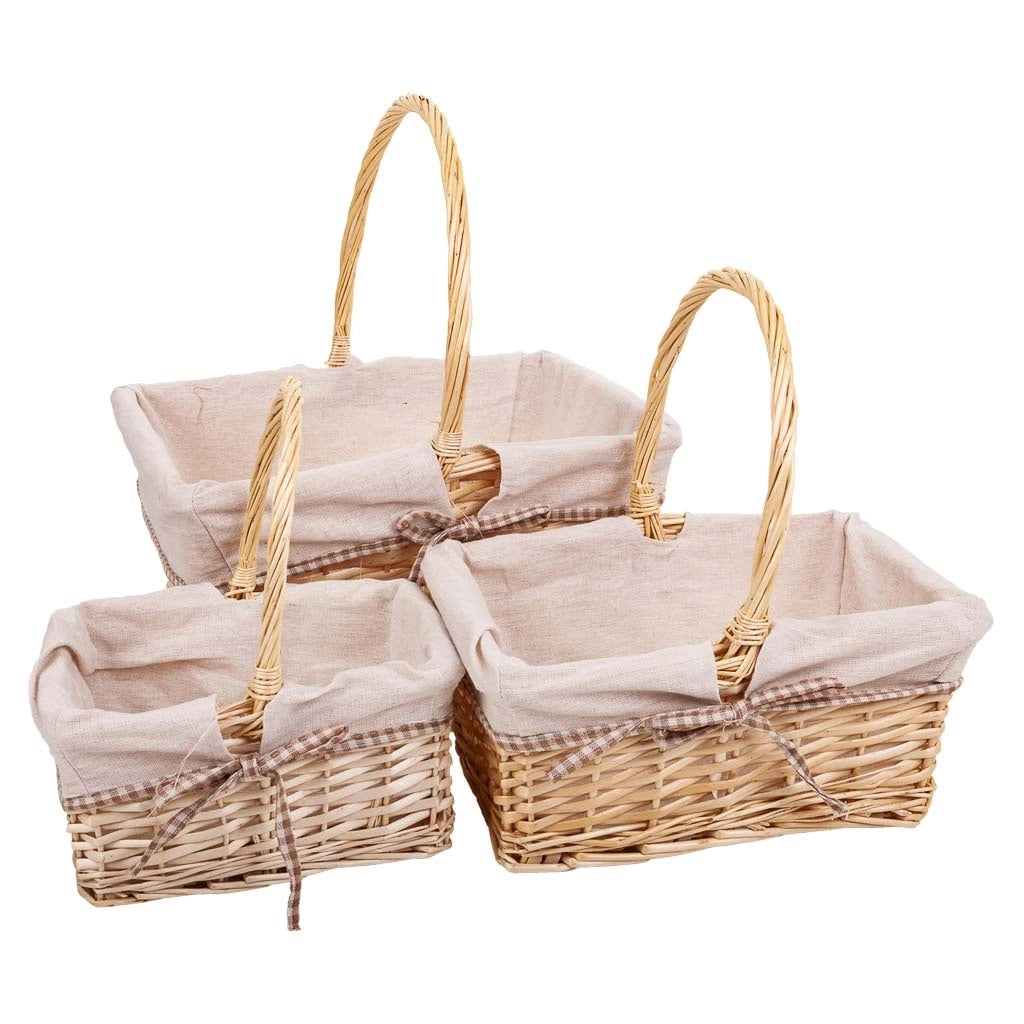 Set di 3 cestini in vimini foderati di bianco