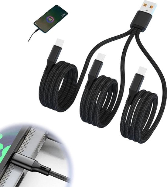 Cavo di rete USB-C 3 in 1 - cavo multi-USB - cavo di ricarica multipla - tipo C cavo di ricarica rapida - cavo in nylon a nodi - ricarica rapida - 5A - 12m.