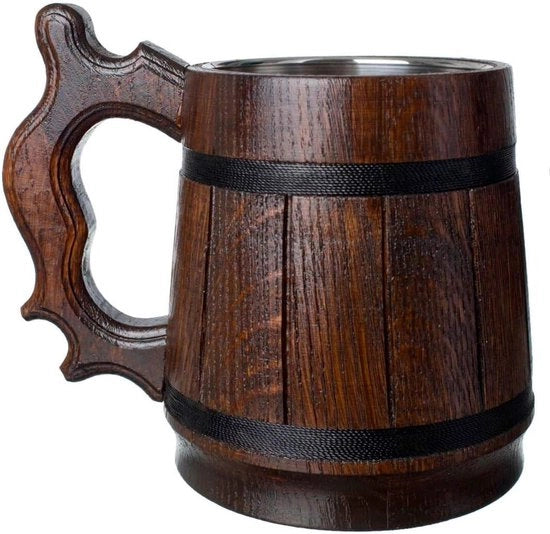 Pul di birra in legno di quercia manufatto a mano con coperchio in acciaio inossidabile, capacità 06L, 20 oz, stile classico in legno naturale.