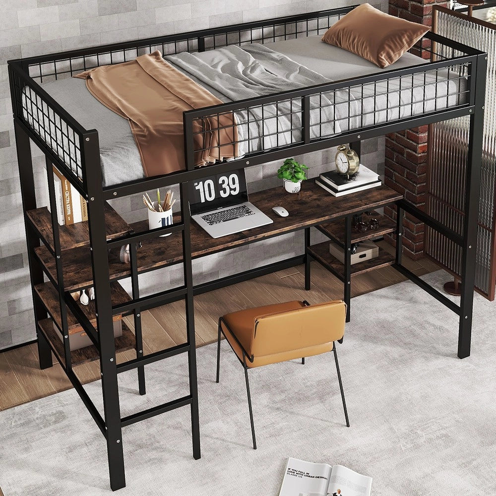 Letto a Castello con Scrivania e Scaffale ¨C Xylo ¨C Metallo e Legno, Nero, 90x200