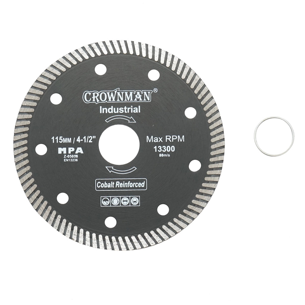 Disco diamantato turbo 115x22.23x1.35 mm, velocità massima 13.300 giri/min, taglio a umido/asciutto per pietra e piastrelle ceramiche, Crownman.
