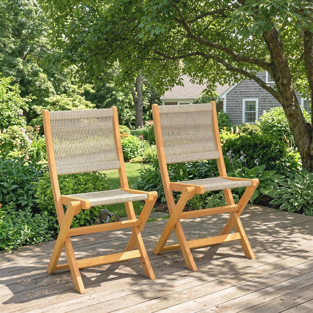 Sedie da giardino pieghevoli ¨C Minimal ¨C Legno di acacia, corda intrecciata naturale e beige