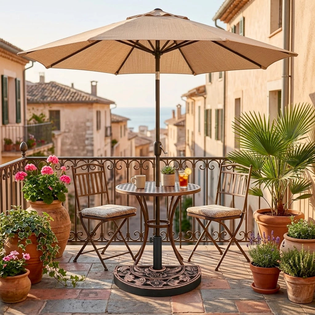 Base Ombrellone Semicircolare Motivo Floreale In Cemento HDPE E Metallo Supporto Per Palo Ø 38/48 Mm Ideale per Balcone Terrazza Giardino Resistente Intemperie 50 x 31 x 7 Cm Bronzo
