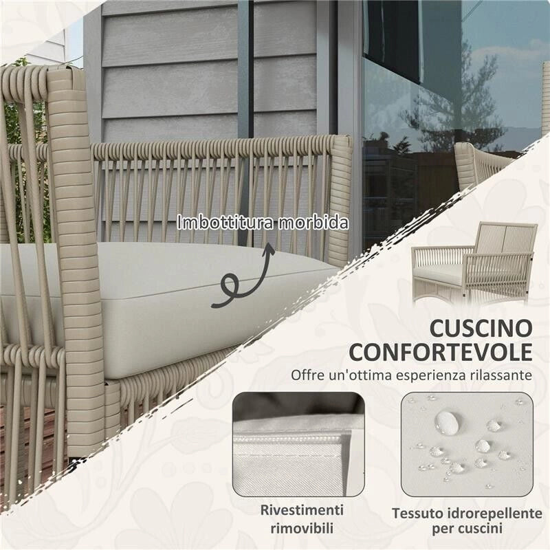 SET DA GIARDINO IN RATTAN DA 4 PEZZI CON 2 POLTRONCINE, DIVANO E TAVOLINO DA CAFFÈ, KAKI