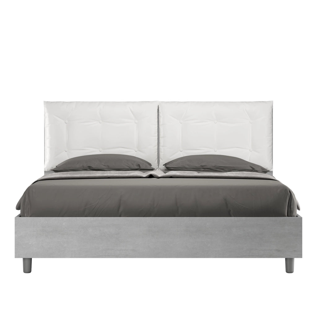 BS COM Letto matrimoniale senza rete 160x190 cemento cuscini similpelle bianco