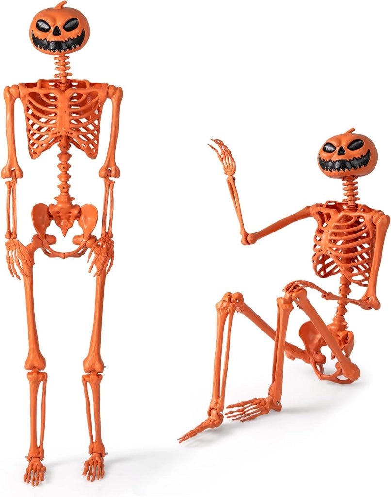 COSTWAY Scheletro di Halloween Arancione 158 CM, Scheletro a Grandezza Naturale con Testa di Zucca e Articolazioni Mobili per Decorazioni da Interno ed Esterno, Casa Infestata e Festa