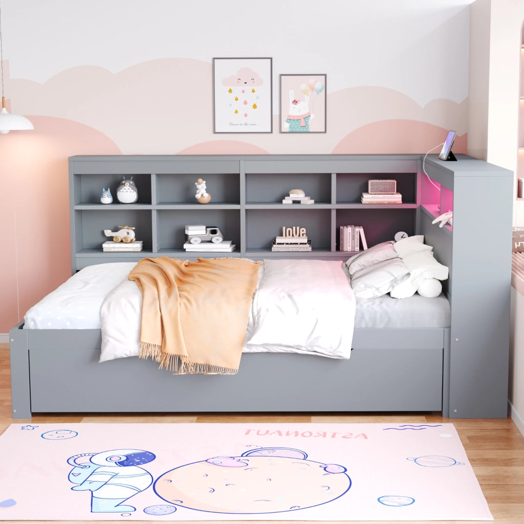 LETTO divano 90x200 cm con cassetti USB LED in legno grigio