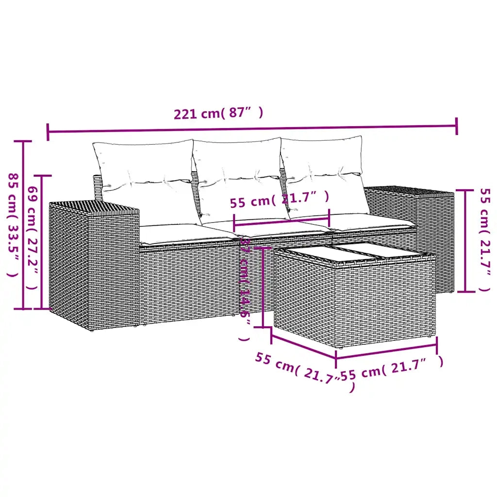 Set Divano da Giardino 4 pz | Set Salotto da Giardino con Cuscini Marrone in Polyrattan