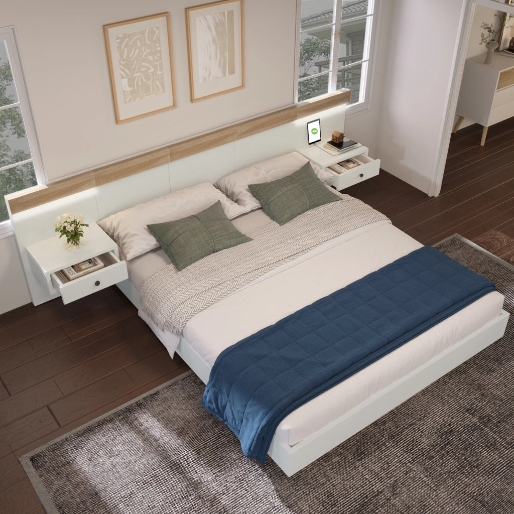 Letto Matrimoniale 140x200 cm - 2 Comodini LED; USB e Type-C - in Legno - Bianco Rovere