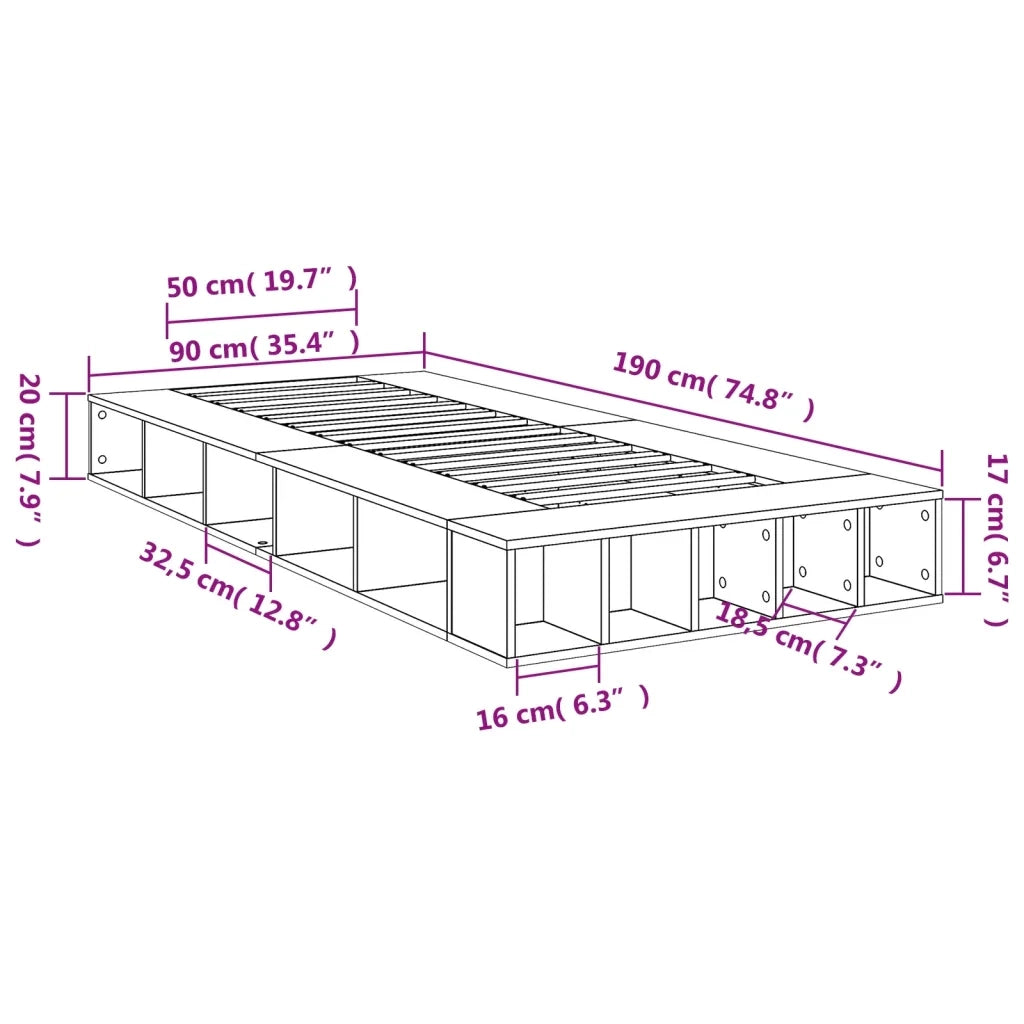 Letto singolo | Letto per adulti | Giroletto Grigio Cemento 90x190 cm in Legno Multistrato