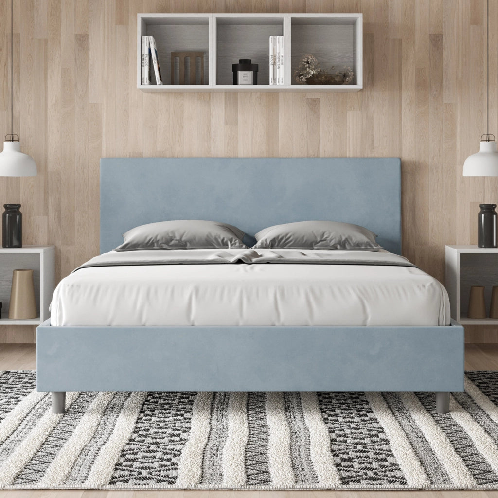 Letto Matrimoniale 160x210 cm con Rete e Contenitore Giroletto con Alzata Comoda Imbottito in Microfibra Adele Azzurro