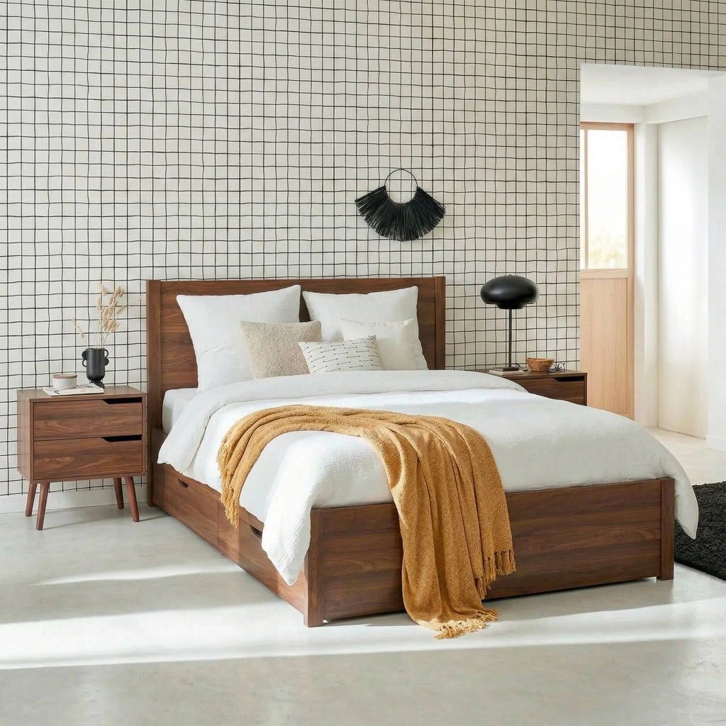 Letto con rete a doghe e testiera 160x200cm + 4 cassetti, noce