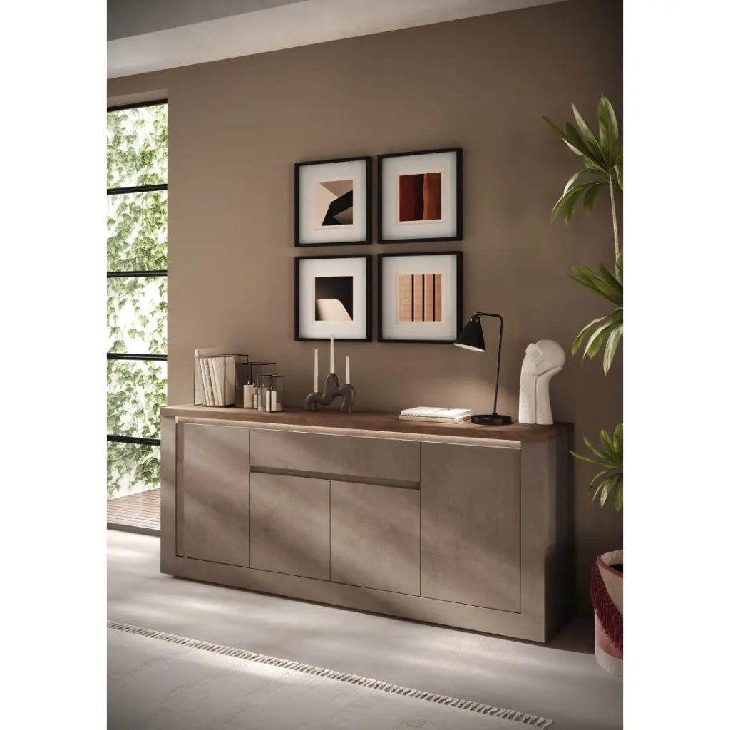 Buffet SASHA – 4 porte, 1 cassetto e LED – Bronzo e piano in legno Mercurio