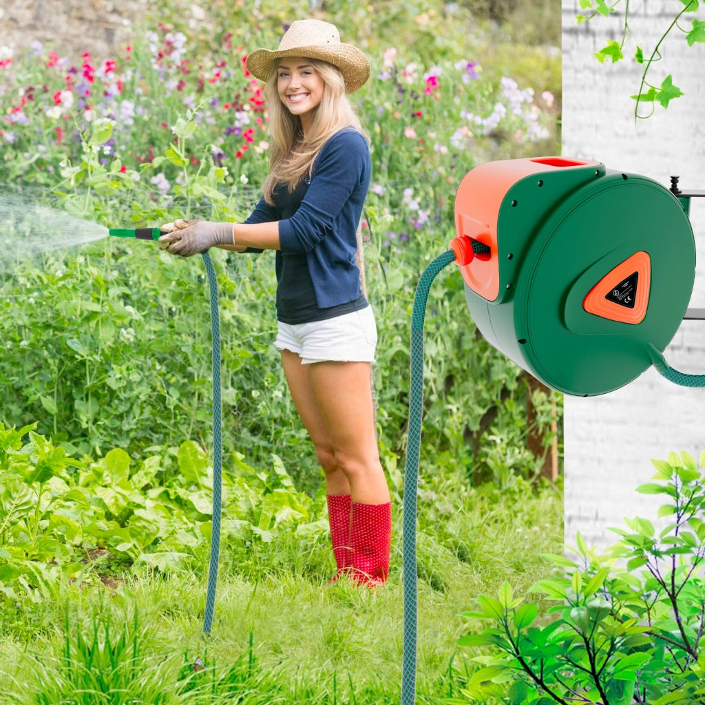 Avvolgitubo Da Giardino Per Acqua Con Tubo In PVC Attacco 1/2" Fissaggio Parete Muro Sistema Blocco Automatico Riavvolgitore Auto Stop Accessorio Esterno Salvaspazio Pressione 24 Bar (20 + 2 M)