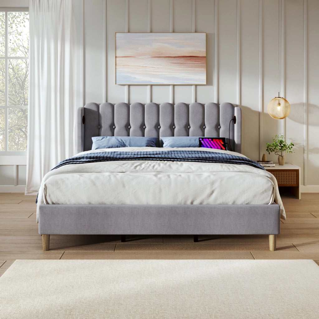 LETTO imbottito 160x200 cm Grigio con USB e Type-C
