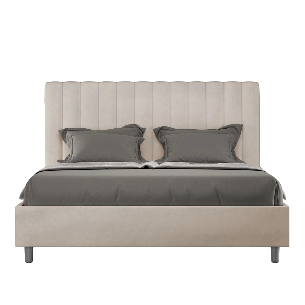 BS COM Letto queen size con rete imbottito 150x210 microfibra sabbia