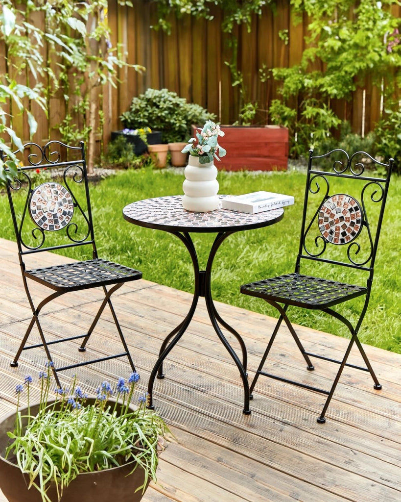 Set di 2 sedie da giardino in metallo nero pieghevoli con motivo a mosaico stile vintage balcone