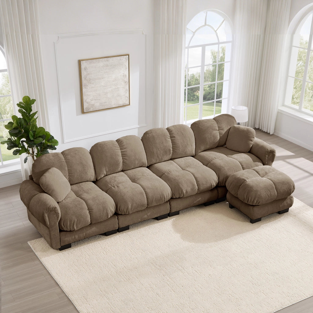 Divano angolare 4 posti - con pouf mobile e cuscino; design trapuntato - chenille marrone